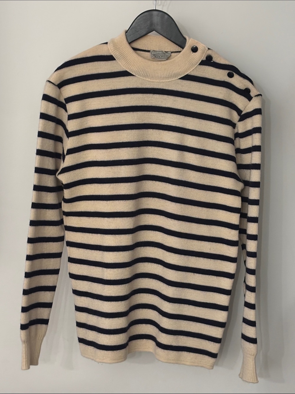 Armor Lux Cream and Black Striped Crewneck Sweater with Shoulder Buttons